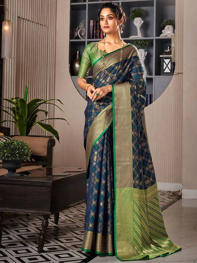 Incredible Navy Blue Weaving Silk Festival Wear Saree With Blouse